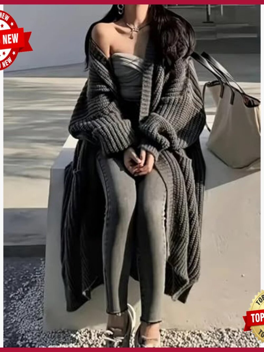 Plus Size Oversized Long Cardigan Sweater Chunky Knit Open Front Duster Coat - Picture 2 of 6